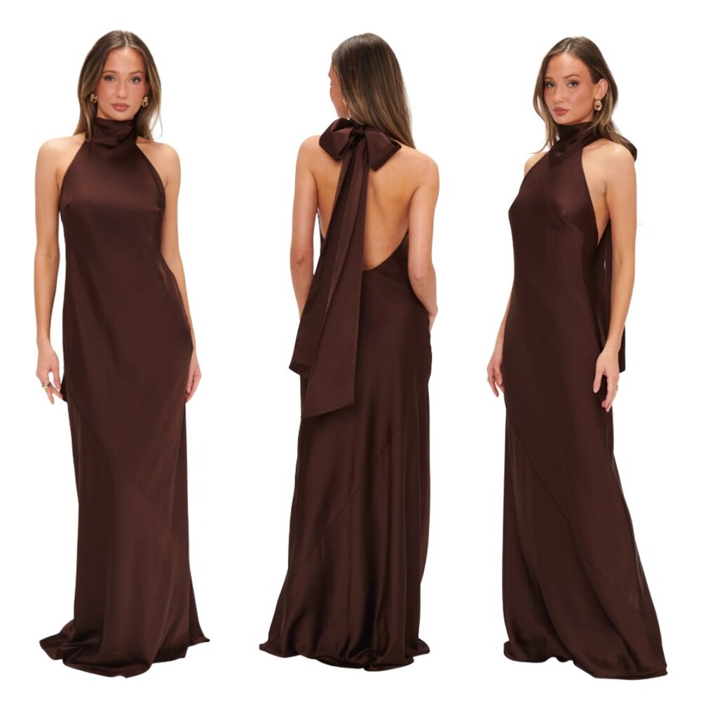 Show Me Your MuMu Brown Satin Halter Maxi Dress